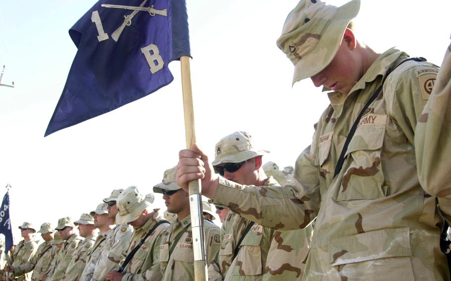 Spc. Nick Moore gives an emotional eulogy in September 2003 for his friend, Spc. Trevor Blumberg, who died during an attack outside Fallujah. 