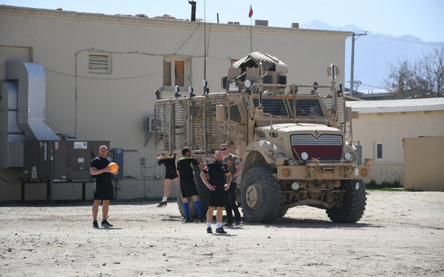 Team Poland shows up in a MRAP to play in the Bagram World Cup soccer tournament on Friday, March 23, 2018, at Bagram Air Field, Afghanistan. 

