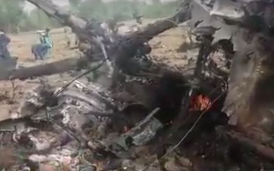 A video released by the Taliban appears to show a destroyed Afghan helicopter in Helmand province on Sunday, May 13, 2018. The Taliban claimed to have shot the aircraft down, but Afghan officials said it made an emergency landing due to technical difficulties and was destroyed by government troops.