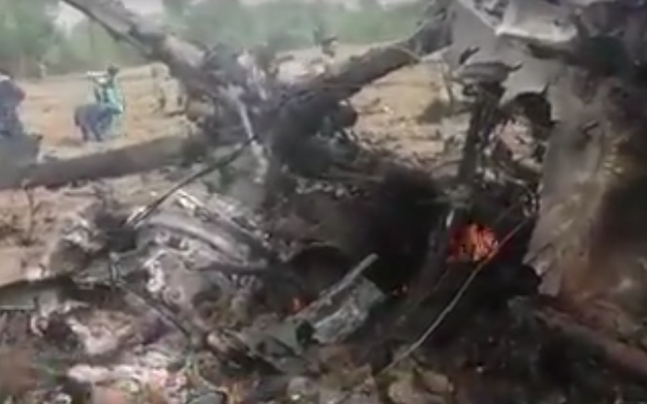 A video released by the Taliban appears to show a destroyed Afghan helicopter in Helmand province on Sunday, May 13, 2018. The Taliban claimed to have shot the aircraft down, but Afghan officials said it made an emergency landing due to technical difficulties and was destroyed by government troops. 