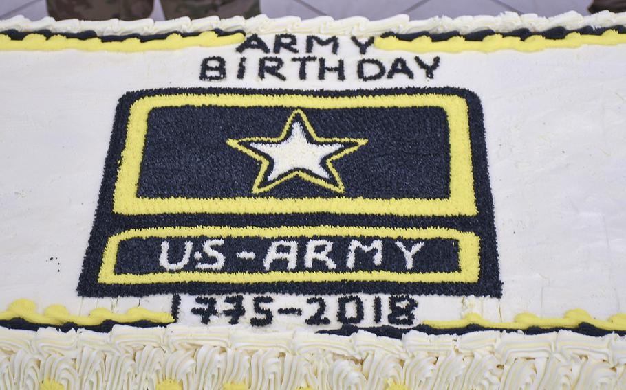 The Army's birthday cake is seen at the NATO Resolute Support mission headquarters dining facility on Thursday, June 14, 2018, in Kabul, Afghanistan.