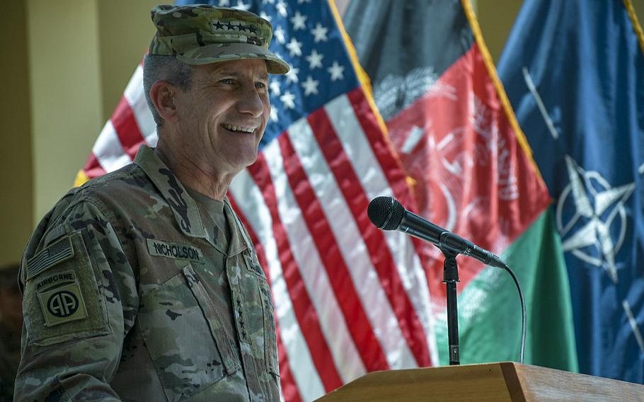 Gen. John Nicholson, the U.S.'s top commander in Afghanistan, speaks at an Independence Day ceremony at NATO's Resolute Support headquarters on July 4, 2018. 