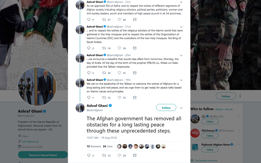 Afghan President Ashraf Ghani sent out a series of Tweets on Sunday, offering a cease-fire between Afghanistan forces and the Taliban insurgents who have stepped up attacks across the country in recent weeks.