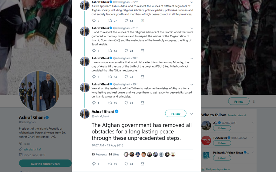 Afghan President Ashraf Ghani sent out a series of Tweets on Sunday, offering a cease-fire between Afghanistan forces and the Taliban insurgents who have stepped up attacks across the country in recent weeks. 