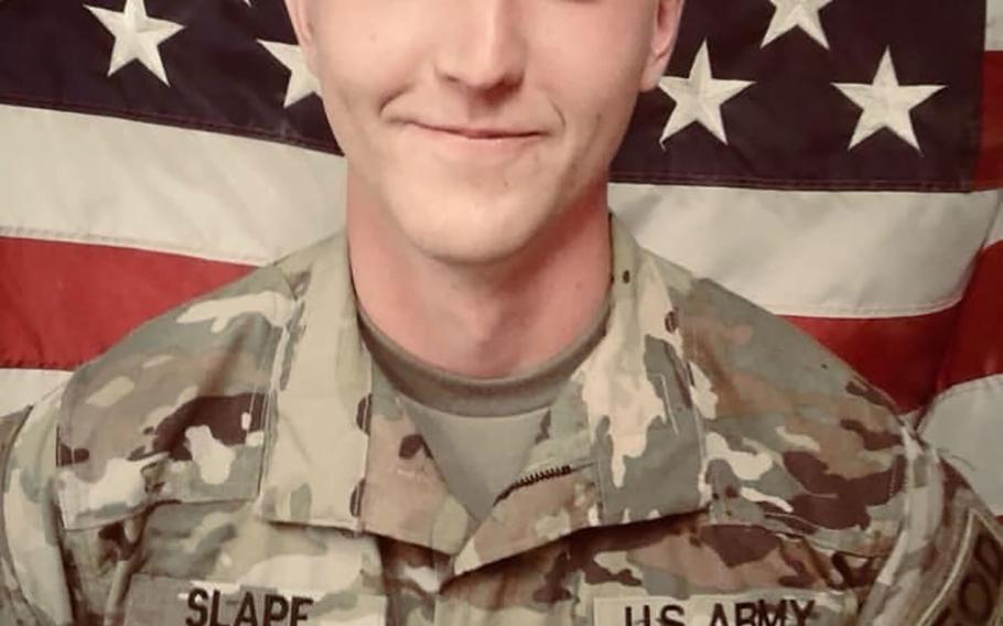 Army Sgt. James A. Slape was fatally wounded Thursday, Oct. 4, 2018 as he worked to clear an area of explosives in southern Helmand province in Afghanistan after a blast had damaged a vehicle.