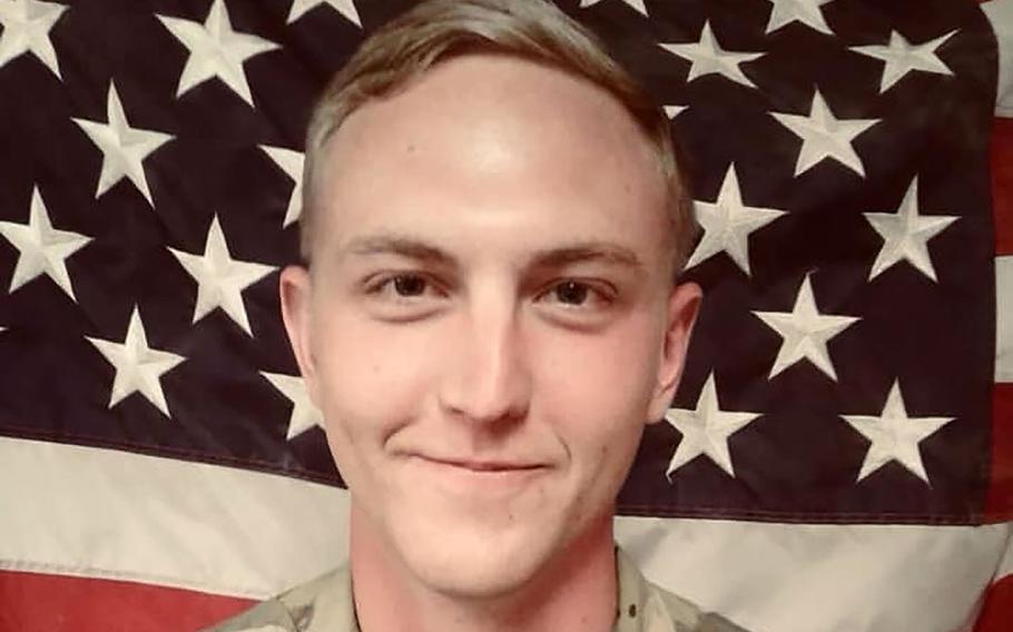 Spc. James Slape was fatally wounded Thursday, Oct. 4, 2018 as he worked to clear an area of explosives in southern Helmand province in Afghanistan after a blast had damaged a vehicle.