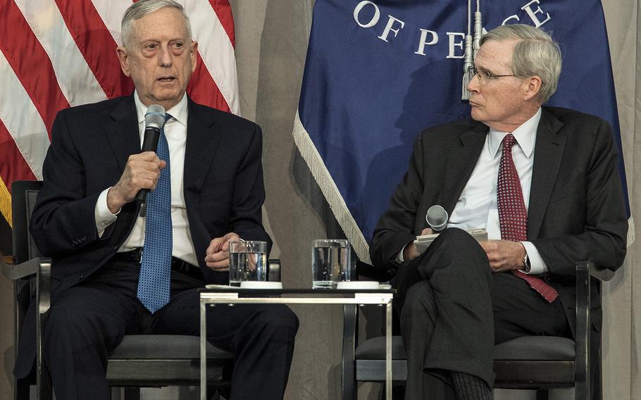 Defense Secretary Jim Mattis speaks at the United States Institute of Peace in Washington, D.C., Oct. 30, 2018. Mattis called for peace talks between the Arab Coalition and Houthis, who are fighting one another in Yemen.