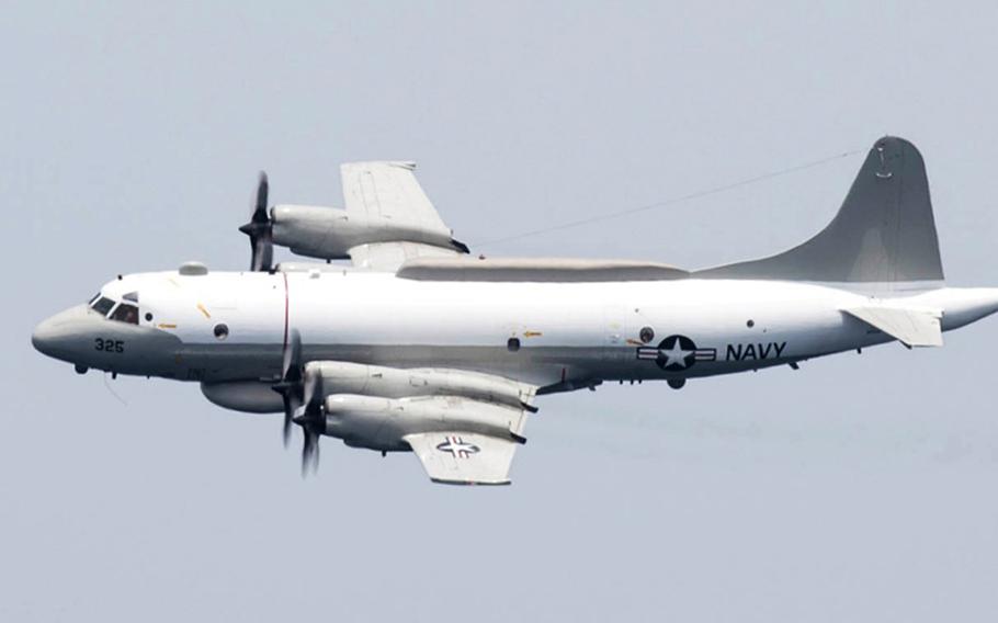 A U.S. Navy EP-3E Aries II assigned to Fleet Air Reconnaissance Squadron 1 flies over the Persian Gulf in April 2016. Navy officials said a Russian SU-27 fighter jet flew dangerously close to a Navy EP-3 Aries in international airspace over the Black Sea, Monday, Nov. 5, 2018.