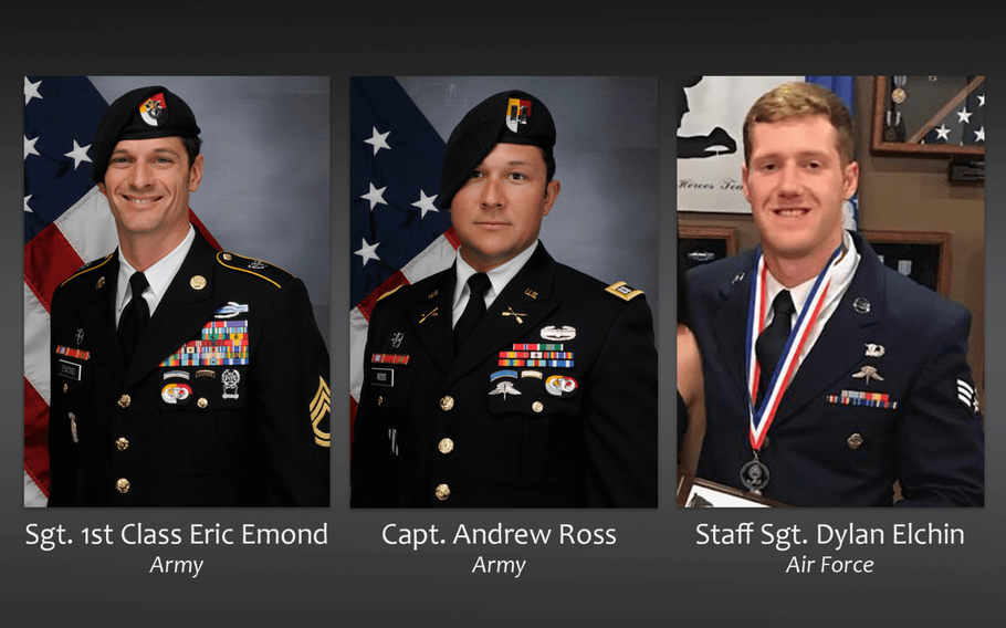 Army Sgt. 1st Class Eric Michael Emond, 39, of Brush Prairie, Wash., Army Capt. Andrew Patrick Ross, 29, of Lexington, Va., and Air Force Staff Sgt. Dylan J. Elchin, 25, of Hookstown, Penn., died Nov. 27, 2018, from injuries sustained when their vehicle was struck by an improvised explosive device in Andar, Ghazni province, Afghanistan. 