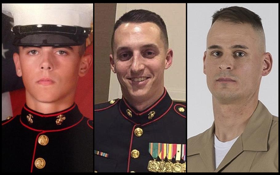 From left: Cpl. Robert Hendriks, Sgt. Benjamin S. Hines and Staff Sgt. Christopher K.A. Slutman were assigned to 25th Marine Regiment, 4th Marine Division, Marine Forces Reserve. The men were killed in a car bombing near Bagram Air Field on Monday, April 8, 2019.