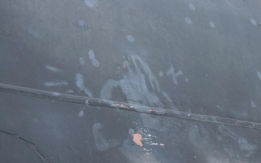 This photo depicts a handprint from the individual who removed the limpet mine used to attack the motor vessel M/T Kokuka Courageous, attacked while operating in the Gulf of Oman, June 13, 2019.