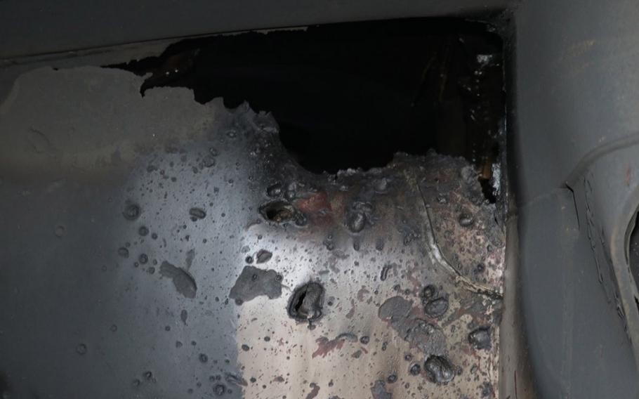 This photo is a view of internal hull penetration/blast damage sustained from a limpet mine attack on the starboard side of motor vessel M/T Kokuka Courageous, while operating in the Gulf of Oman, June 13 2019.