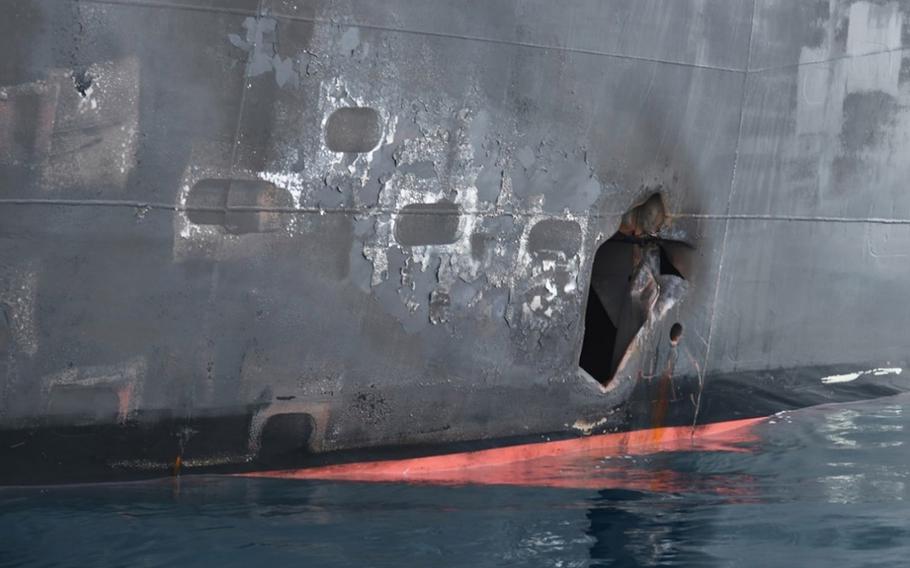 This photo is a view of hull penetration/blast damage sustained from a limpet mine attack on the starboard side of motor vessel M/T Kokuka Courageous, while operating in the Gulf of Oman, June 13, 2019.