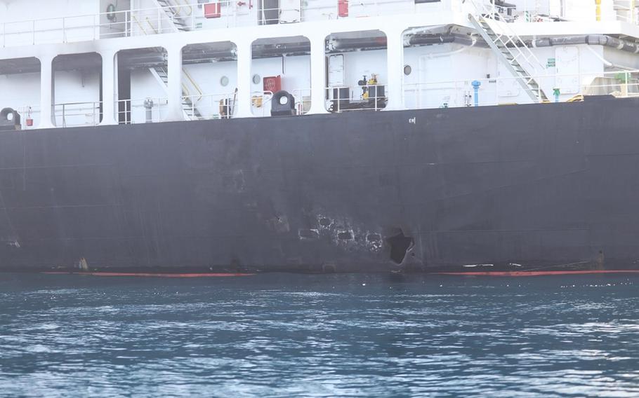 This is a view of hull penetration/blast damage on the starboard side of motor vessel M/T Kokuka Courageous, which was sustained from a limpet mine attack while operating in the Gulf of Oman, on June 13, 2019.