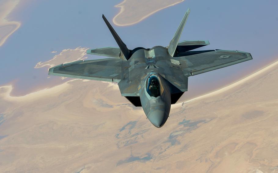 F-22 Raptor departs after receiving fuel from a KC-135 Stratotanker during a mission on Aug. 29, 2017, over an undisclosed location.