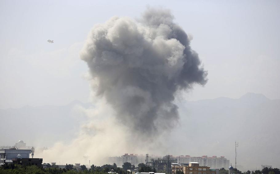 Smokes rises after an explosion in Kabul, Afghanistan, Monday, July 1, 2019. Powerful explosion rocks Afghan capital, with smoke seen billowing from downtown area.
