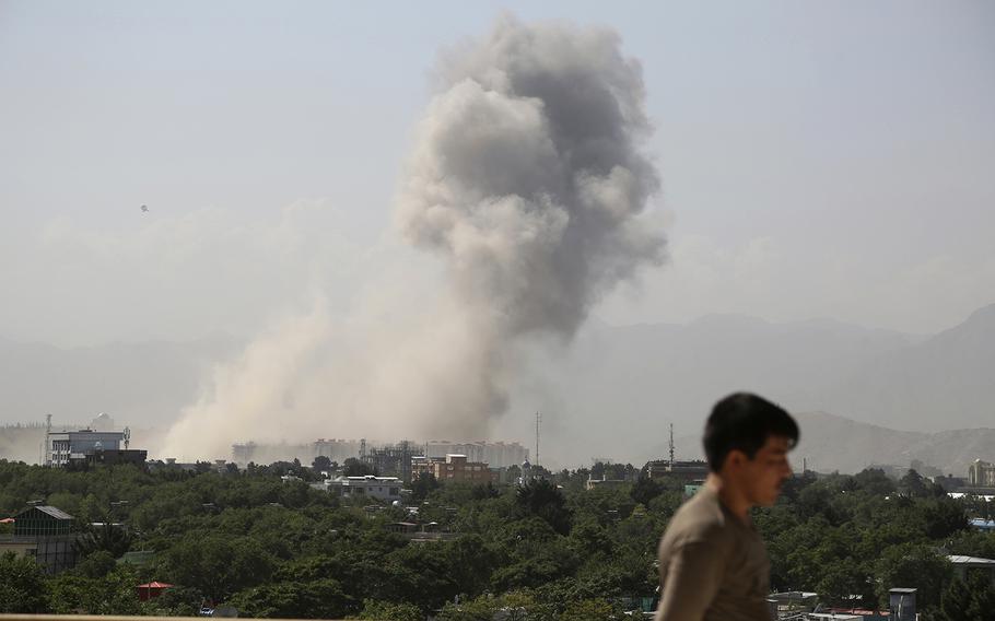 Smokes rises after a huge explosion in Kabul, Afghanistan, Monday, July 1, 2019. Powerful explosion rocks Afghan capital, with smoke seen billowing from downtown area near U.S. Embassy.