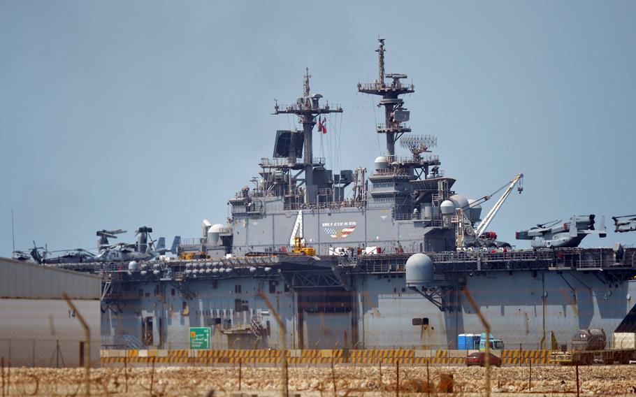 The amphibious assault ship USS Boxer arrives at Bahrain’s Khalifa bin Salman Port on Thursday, July 25, 2019, for a scheduled port visit. Last week, U.S. officials said the ship destroyed at least one Iranian drone while operating in the Persian Gulf.