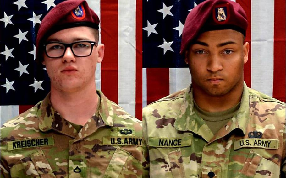 Pfc. Brandon Jay Kreischer and Spc. Michael Isaiah Nance died Monday, July 29, 2019, in Tarin Kowt, Uruzgan province, Afghanistan, as a result of wounds sustained in a combat related incident, the Defense Department said. The incident is under investigation. 

