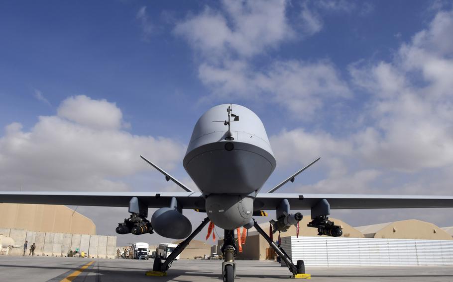 An MQ-9 Reaper drone sits on the ramp at Kandahar Air Field, Afghanistan, in 2018. 