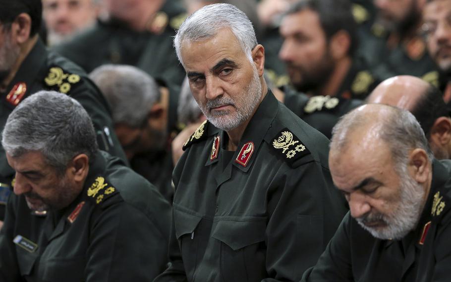Revolutionary Guard Gen. Qassem Soleimani, center, attends a meeting in Tehran, Iran, on Sept. 18, 2016.