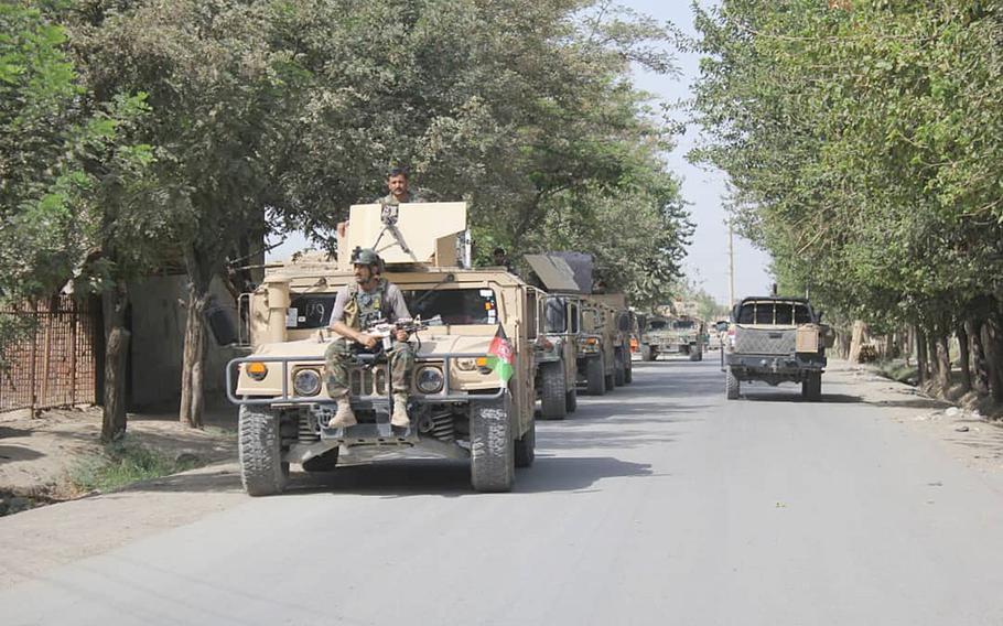 Afghan security forces arrive during a fight against Taliban fighters in Kunduz province north of Kabul, Afghanistan, Saturday, Aug. 31, 2019. 
