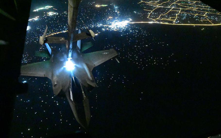 A U.S. Air Force F-35A Lightning II assigned to the 4th Expeditionary Fighter Squadron, Al Dhafra Air Base, United Arab Emirates, receives fuel from a KC-10 Extender, above an undisclosed location, Sept. 10, 2019.