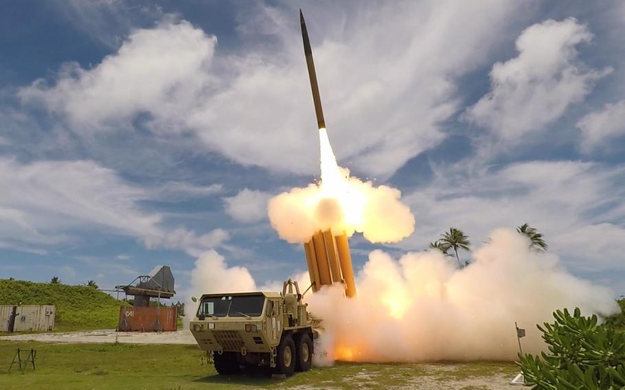 A THAAD interceptor is launched from a test site on Kwajalein Atoll in the Republic of the Marshall Islands, during Flight Test THAAD-23, August 30, 2019. A THAAD unit will be sent to Saudi Arabia as part of efforts to deter Iranian aggression, the Pentagon said.
