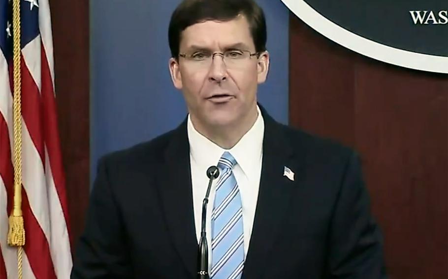 In a screen capture from a Department of Defense video, Defense Secretary Mark Esper speaks at the Pentagon on October 28, 2019.