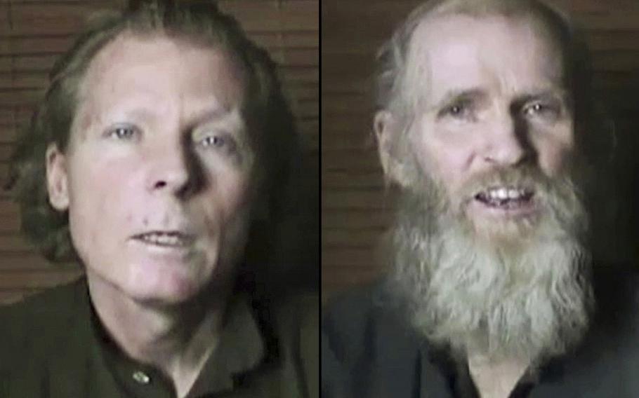 Australian Timothy Weeks, left, and American Kevin King, as shown in a 2017 Taliban video.