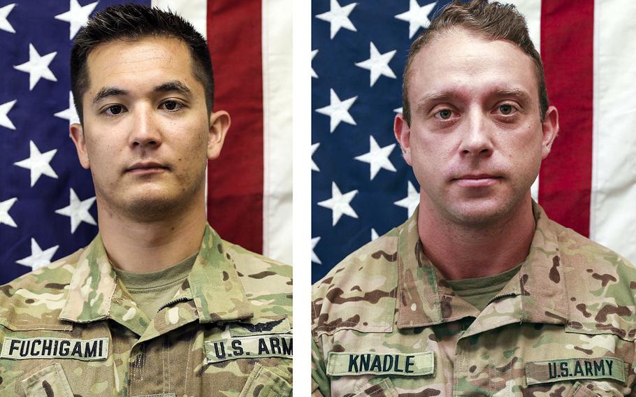 Chief Warrant Officer 2 Kirk T. Fuchigami Jr., left, and Chief Warrant Officer 2 David C. Knadle were killed Wednesday in a helicopter crash in Afghanistan.