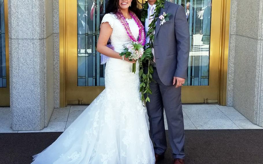 McKenzie Fuchigami and Chief Warrant Officer 2 Kirk T. Fuchigami Jr. celebrate their wedding day on March 30, 2019.