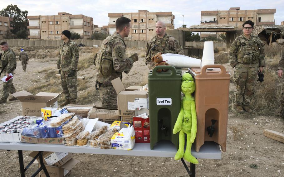 A holiday treat for troops deployed to remote bases in Syria included soft drinks, energy drinks, cookies, hot cocoa and more, pictured here on Monday, Dec. 23, 2019, at a remote base in Hassekeh province.

