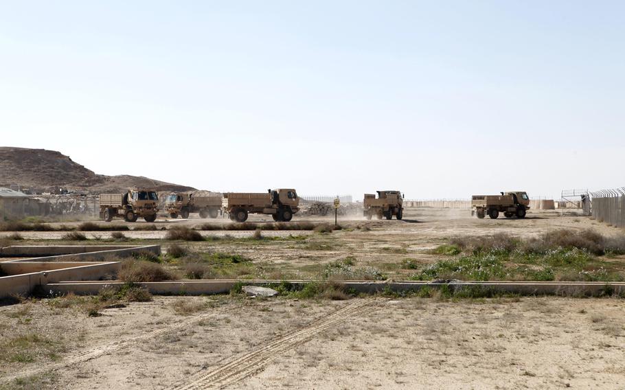 The Iraqi 7th Army Division drive their newly acquired light medium tactical vehicles at Al Asad Air Base, Iraq, on Feb. 13, 2016.  Iran launched more than a dozen ballistic missiles Tuesday evening at two Iraqi military bases hosting U.S. military and coalition personnel at Al-Asad and Irbil.