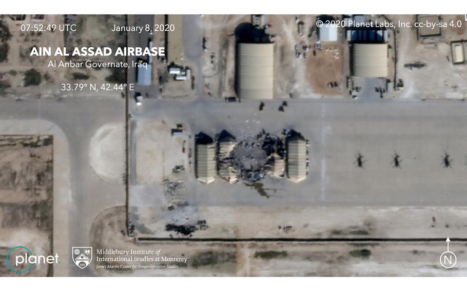 The damage caused from an Iranian missile strike at the Ain al-Asad air base in Iraq is seen in a satellite image provided on Wednesday, Jan. 8, 2020.