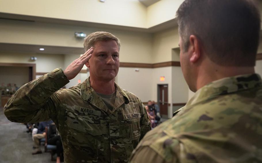Pictured here on Thursday, Jan. 9, 2019, 1st Special Forces Command (Airborne) Deputy Commander Col. Steven M. Marks salutes a 2nd Battalion, 7th Special Forces Group (Airborne) soldier during a ceremony at the chapel on Eglin Air Force Base, Fla., after presenting him a medal for valorous acts during the battalion's recent deployment to Afghanistan. Liberty chapel on Jan. 9.

Jose Vargas/U.S. Army