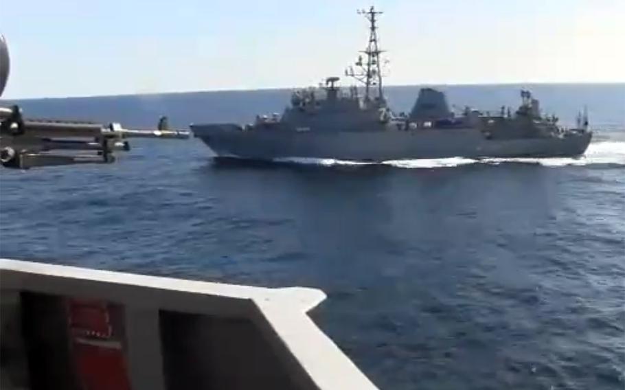 A screen capture from a U.S. Navy video of the encounter.