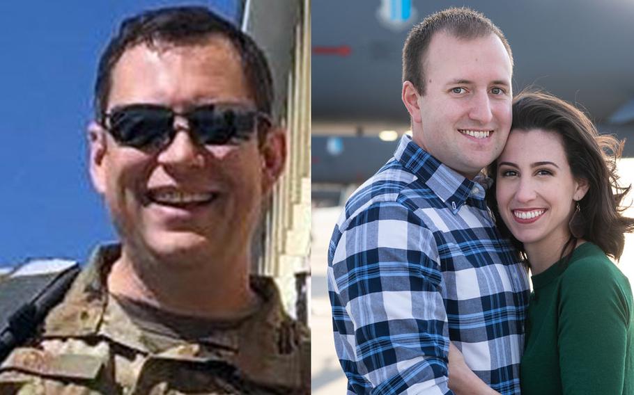 Lt. Col. Paul K. Voss, left, and Capt. Ryan S. Phaneuf, shown here with his wife Megan Murat Phaneuf, were killed Monday in the crash of a Bombardier E-11A aircraft in Ghazni province, Afghanistan.