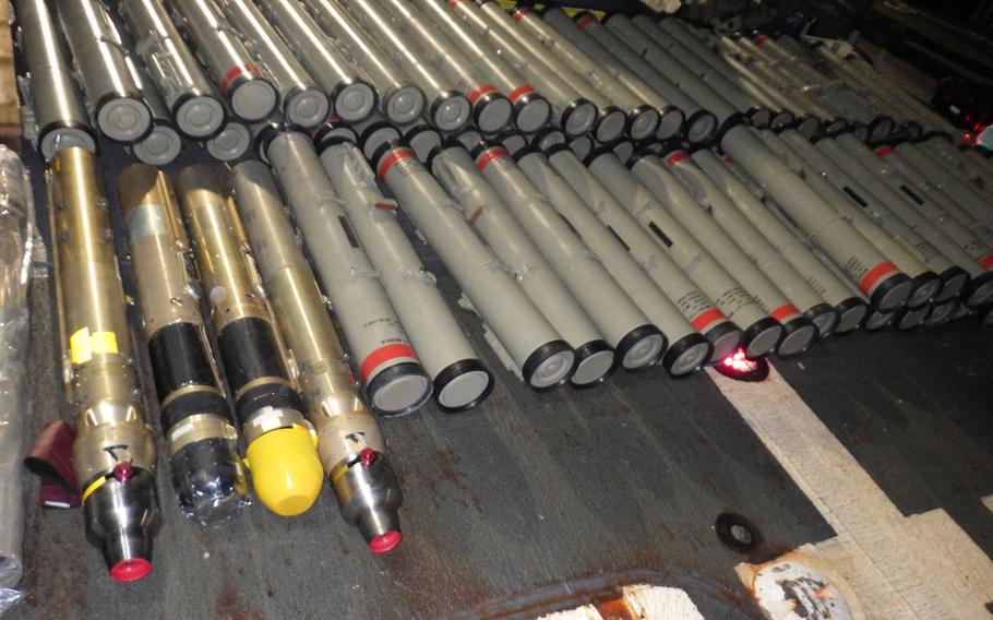 The crew of the guided-missile cruiser USS Normandy seized a shipment of advanced weapons and weapon components including 358 surface-to-air missile components and "Dehlavieh" anti-tank guided missiles aboard a stateless dhow during a maritime interdiction operation in the U.S. Fifth Fleet area of operations on Feb. 9, 2020.