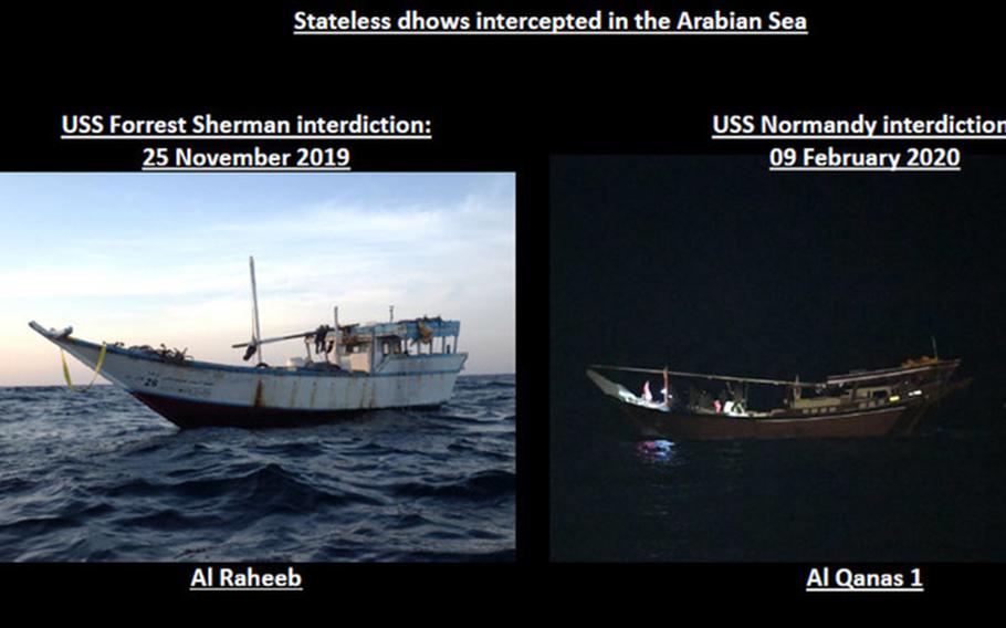 While conducting routine maritime security operations in the Arabian Sea, a team from the USS Normandy boarded this dhow and discovered a large cache of Iranian-made weapons that we assess were intended for delivery to the Houthis in Yemen.