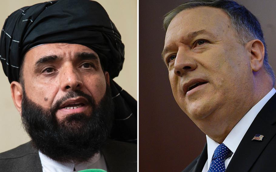 Suhail Shaheen, spokesman for the Taliban's political office in Doha, Qatar, and U.S. Secretary of State Mike Pompeo.