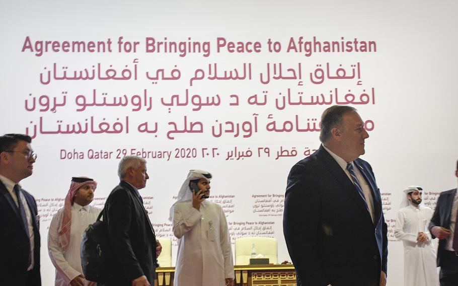 U.S. Secretary of Defense Mike Pompeo attends a signing ceremony Feb. 29, 2020, in Doha, Qatar, that could lead to the end of America's involvement in Afghanistan.