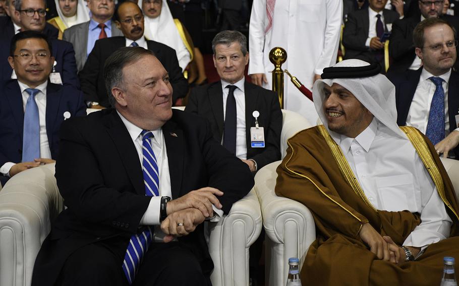 U.S. Secretary of Defense Mike Pompeo and Qatar's Foreign Minister Sheikh Mohammed bin Abdulrahman Al-Thani attend a signing ceremony Feb. 29, 2020, in Doha, Qatar, that could lead to the end of America's involvement in Afghanistan.