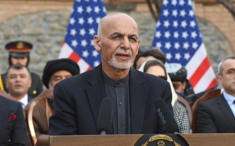 Afghan President Ashraf Ghani speaks at a ceremony in Kabul on Saturday, Feb. 29, 2020.