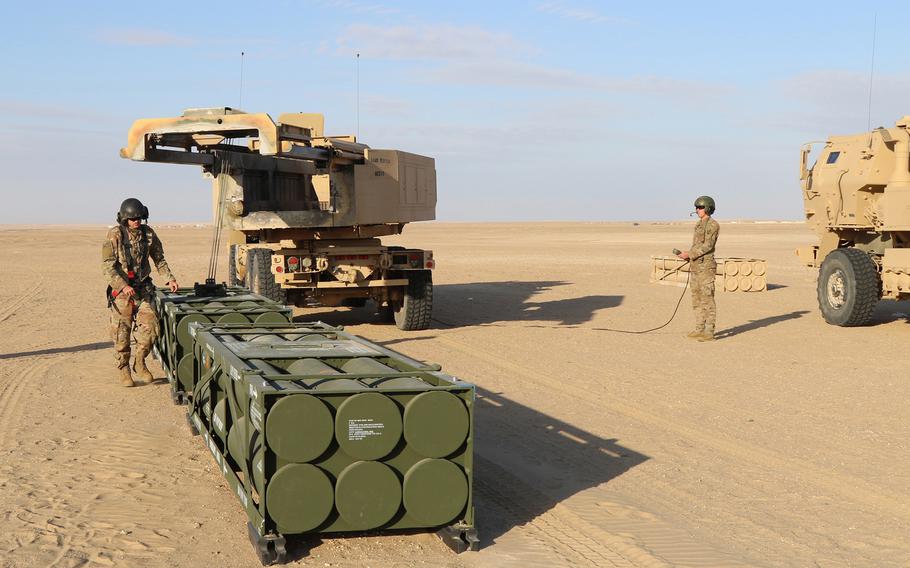 Wyoming National Guard soldiers with the 115th Field Artillery Brigade load missiles during an exercise with Kuwait Land Forces at their Udairi Range, Feb. 10, 2020. A U.S. Army soldier died Thursday, May 25, 2023, during a non-combat related vehicle accident at Udairi Range, a statement from U.S. Army Central said. 