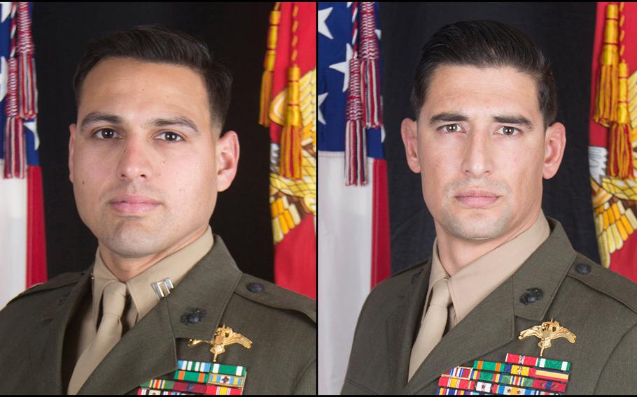 Capt. Moises A. Navas, left, and Gunnery Sgt. Diego D. Pongo were killed in Iraq on March 8, 2020.