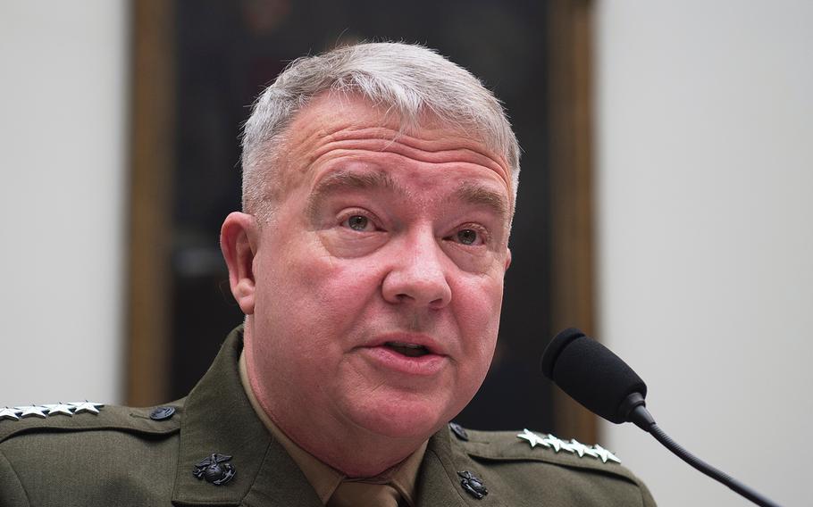 Gen. Kenneth F. McKenzie Jr., commander of U.S. Central Command testifies during a House Armed Services Committee hearing on Capitol Hill in Washington on Tuesday, March 10, 2020.