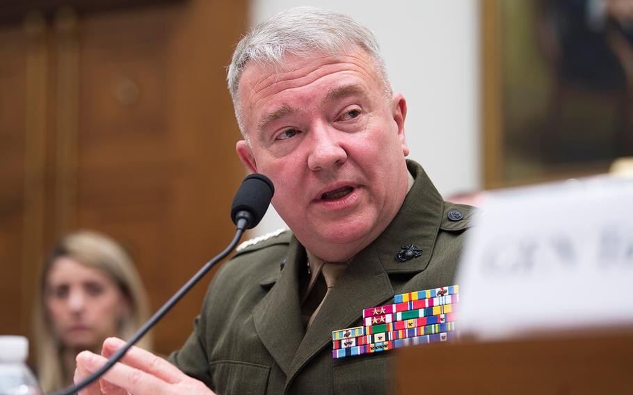 Gen. Kenneth F. McKenzie Jr., commander of U.S. Central Command testifies during a House Armed Services Committee hearing on Capitol Hill in Washington on Tuesday, March 10, 2020.