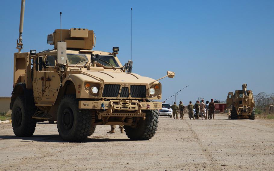 U.S. and Iraqi Soldiers meet at the beginning of a Counter-ISIS Train and Equip Fund (CTEF) divestment event at Camp Taji, Iraq, June 22, 2019. 