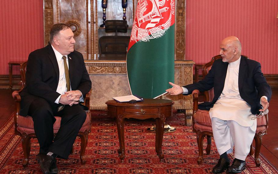 Secretary of State Mike Pompeo meets with Afghan President Ashraf Ghani in Kabul on Monday, March 22, 2020, after a number of setbacks delayed the Afghan peace process.